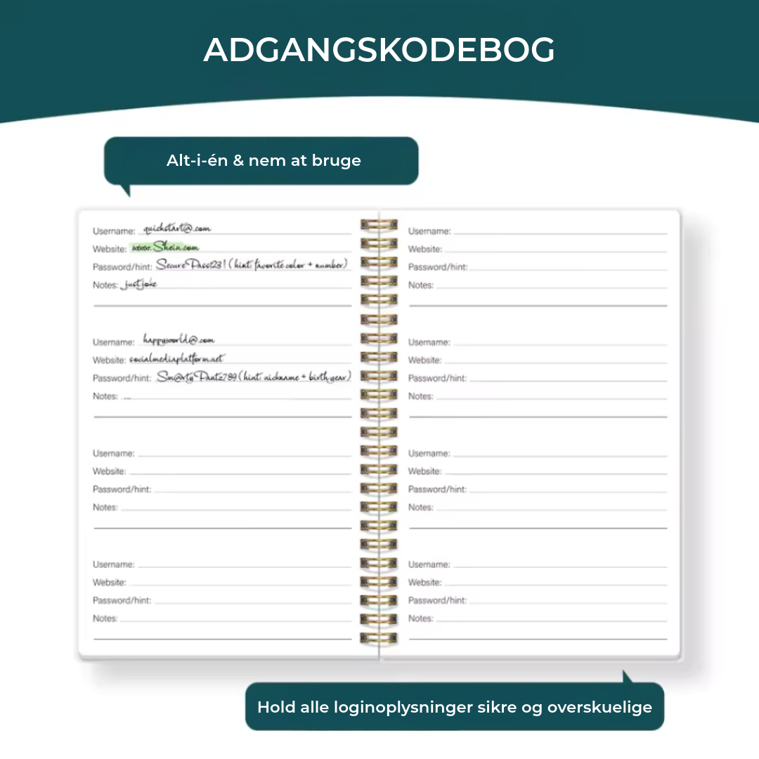 Sjov adgangskodebog / adgangskode­organizer
